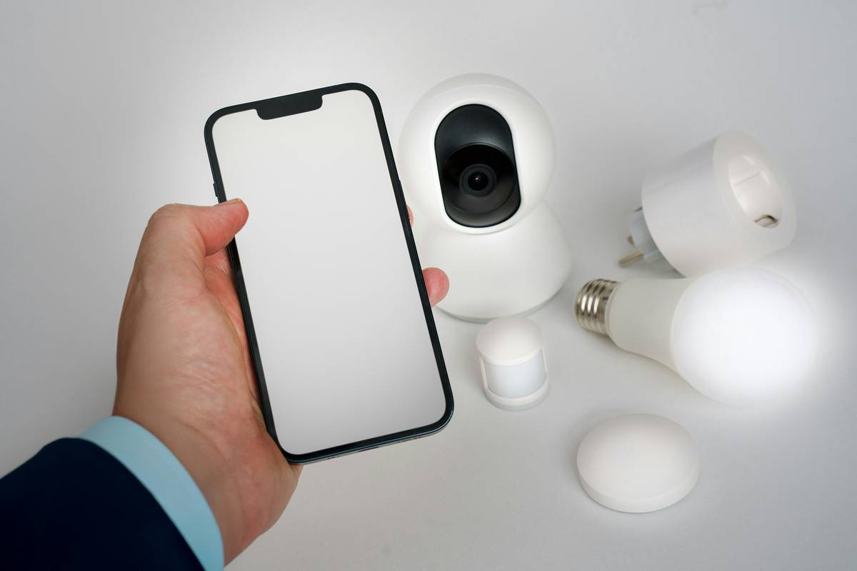 Technician performing home automation installation services with tablet interface showing custom automation rules
